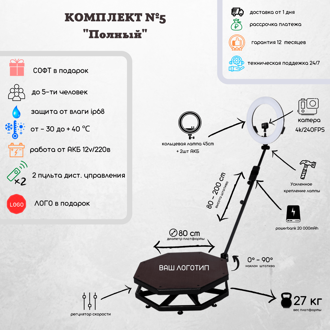 Купить Комплект №5 - "Видеоспиннер + Камера 4К + Лампа 45см + Программа"