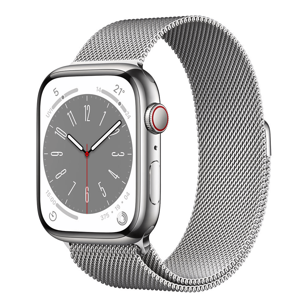 Купить Apple Watch Series 8 GPS + Cellular, 45mm, корпус из стали серебристого цвета, серебристый миланский сетчатый браслет (Milanese Loop)