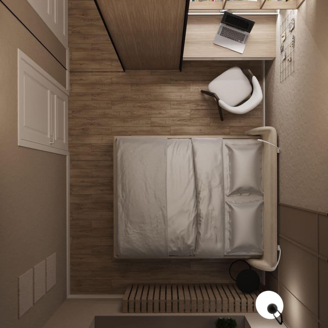 планировка маленькой спальни с гардеробной и рабочим столом