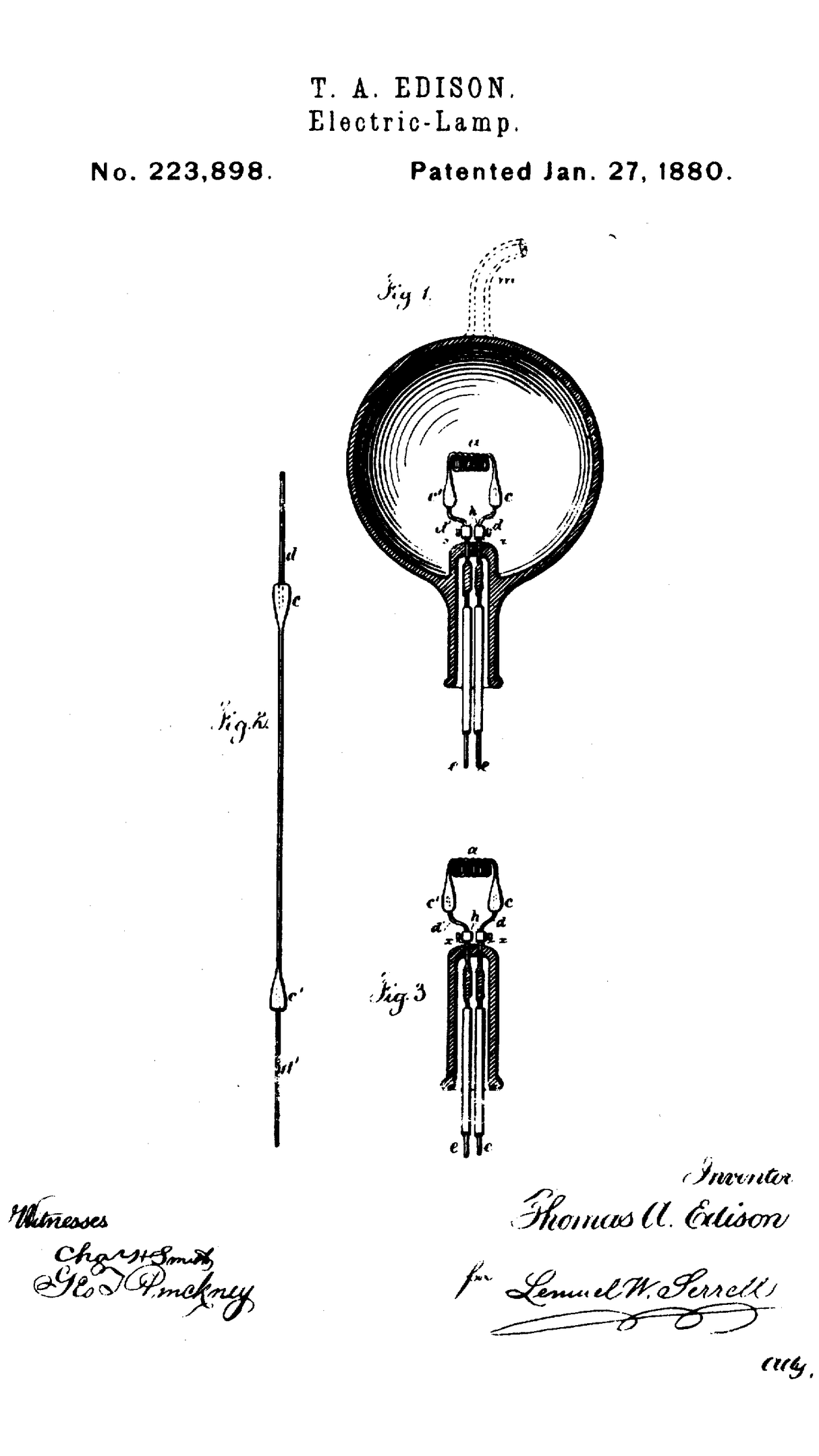 Патент US223898 A на лампу накаливания