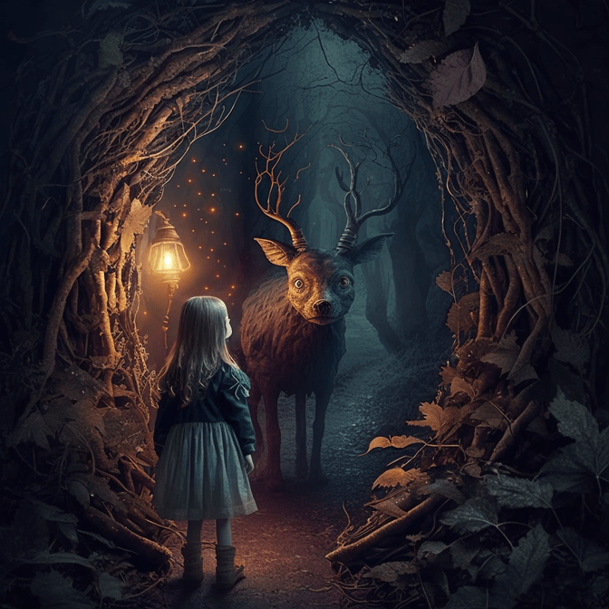 Ребенок с мистическим животным в лесу