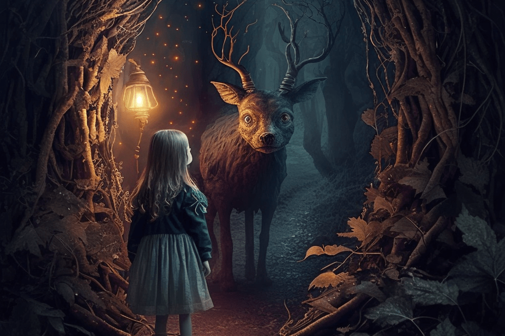 Ребенок в лесу с мистическим животным