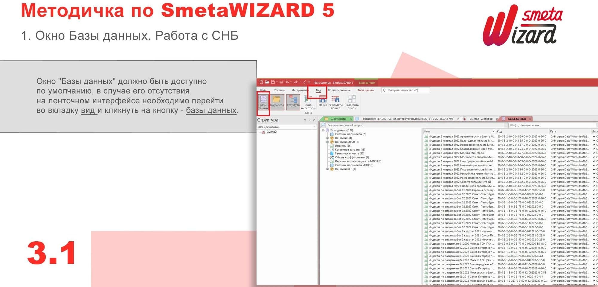 Окно Базы данных, работа с СНБ в SmetaWizard5