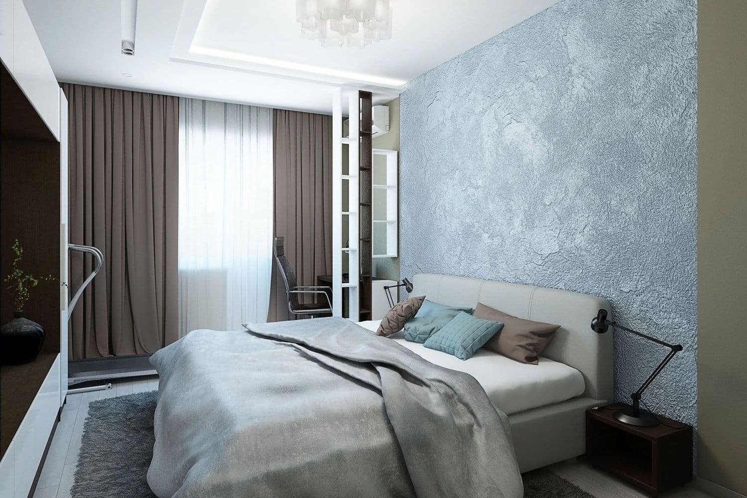 Современный дизайн спальни в голубых и оливковых тонах, зонирование с помощью стеллажа, в стиле контемпорари
