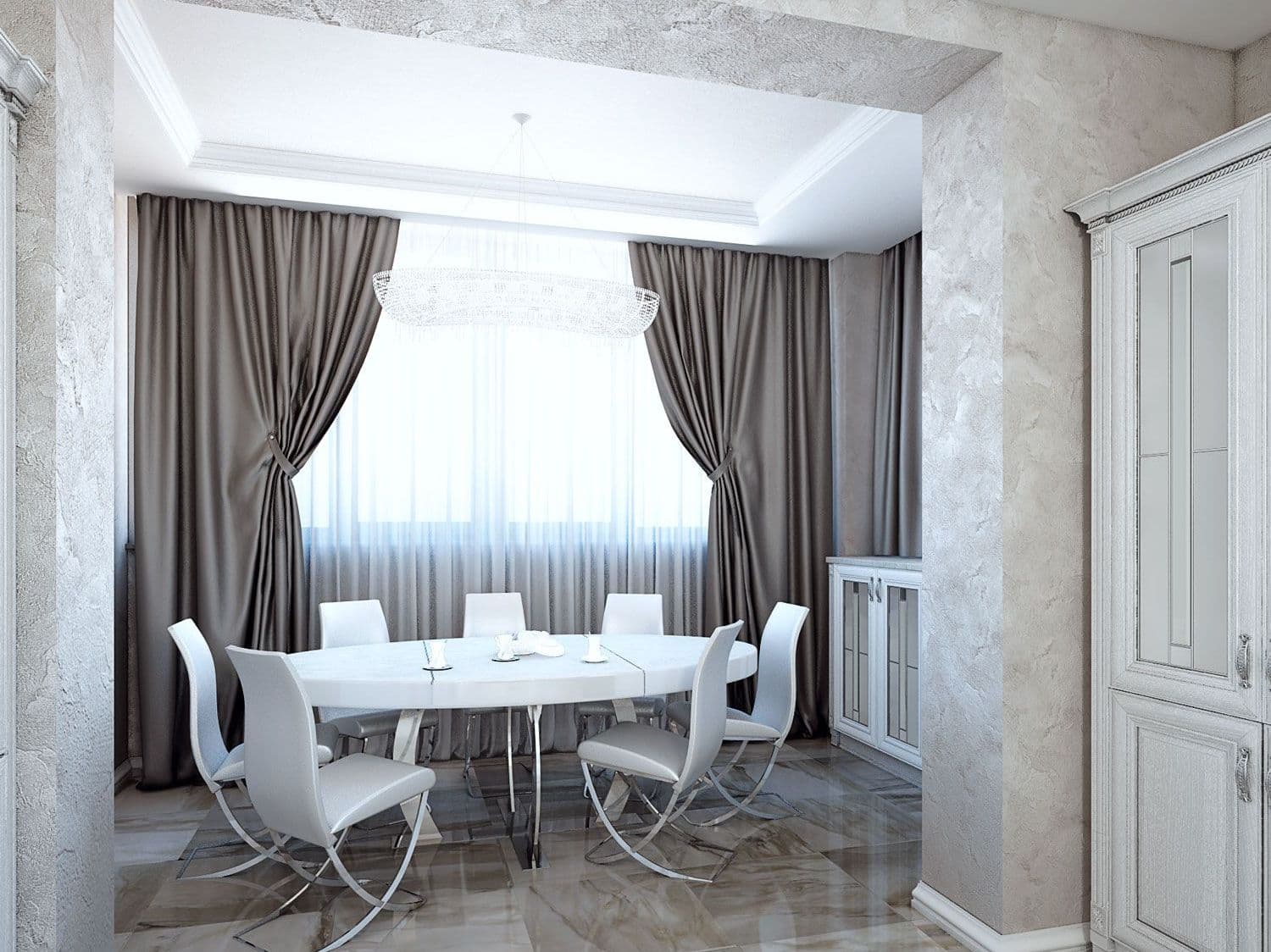 Дизайн столовой с белым кухонным столом, декоративной штукатуркой, хрустальной люстрой, в современной классическом стиле, в светлых серых тонах