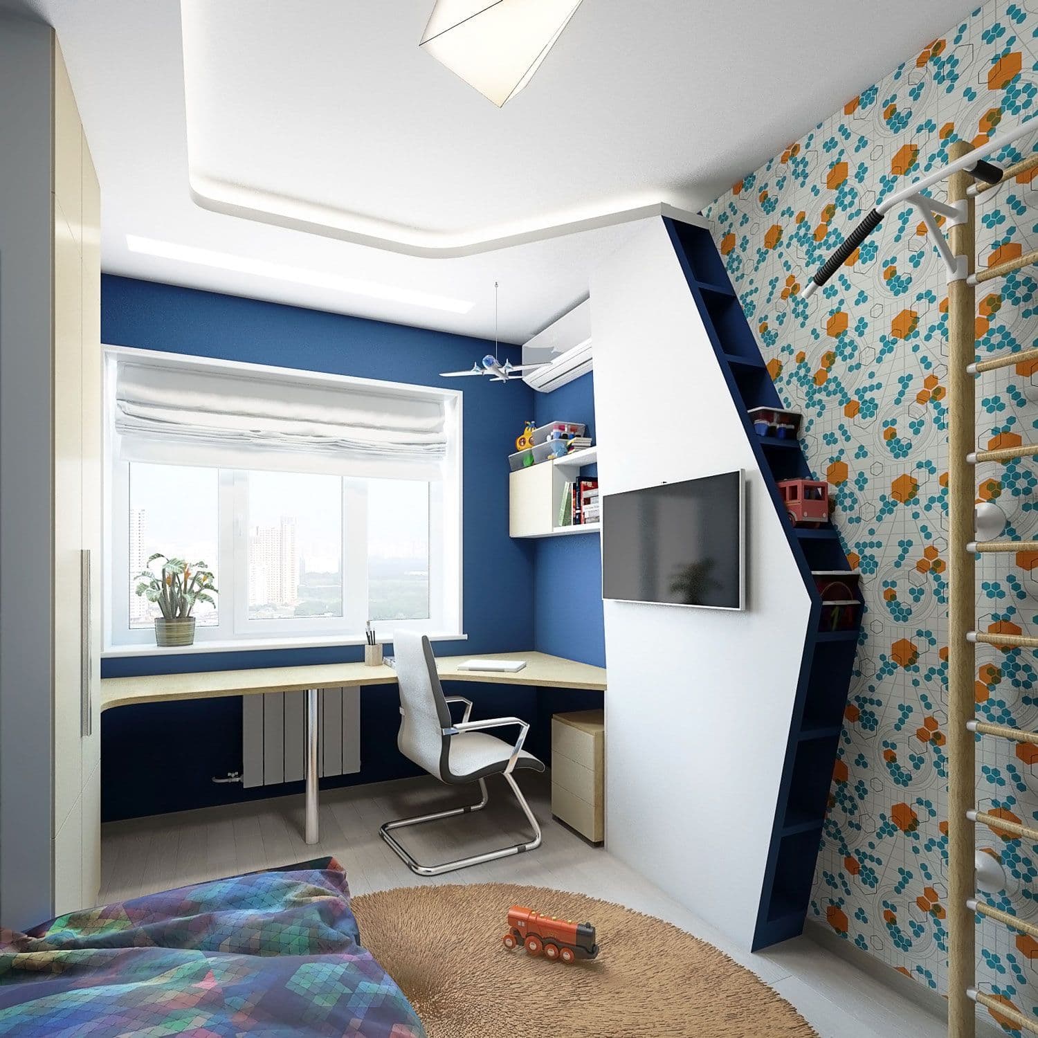 Современная детская для мальчика в синей цветовой гамме и с футуристичным дизайном, с фотообоями, с рабочим столом вдоль окна, вид 1