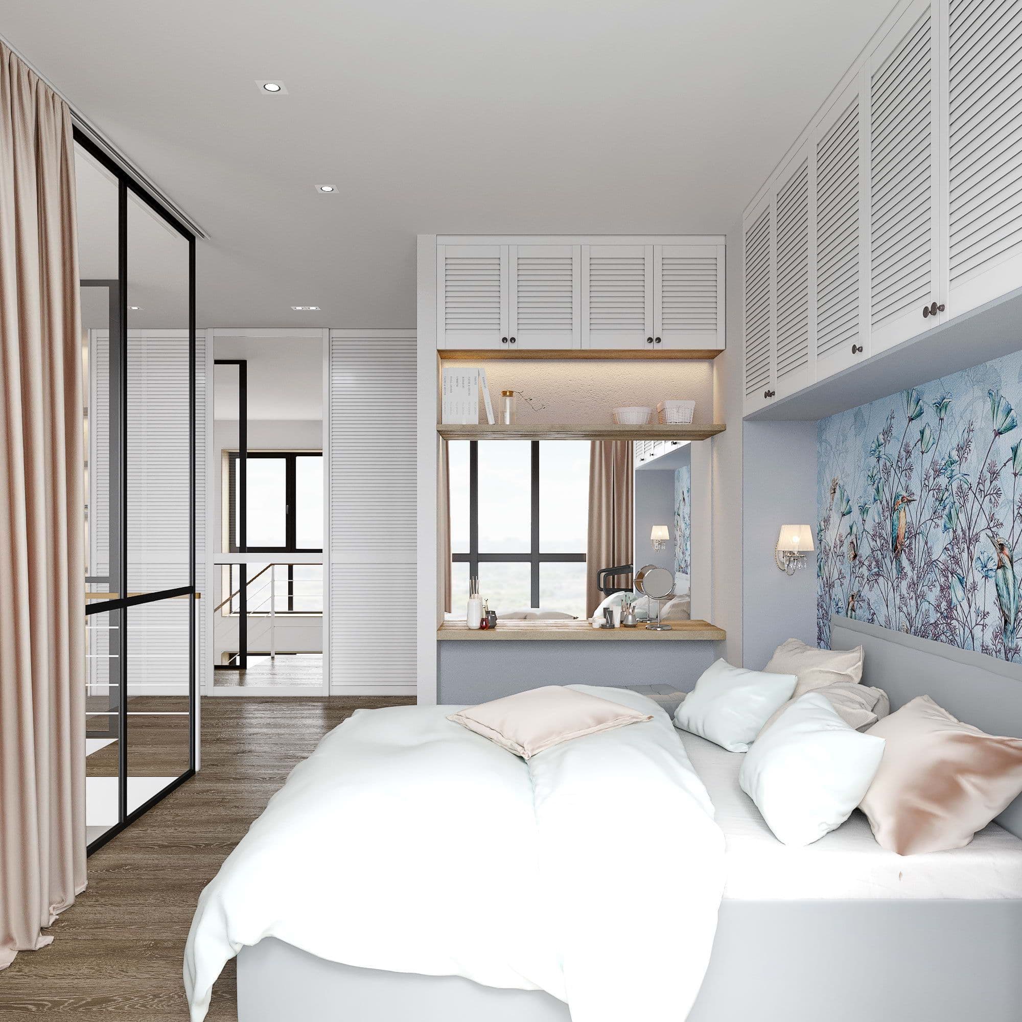 Дизайн спальни в современном стиле с белой кроватью, мягким изголовьем, декоративной штукатуркой,  с макияжным столиком, гипсовыми панелями, в светлых теплых бежевых тонах, вид 2
