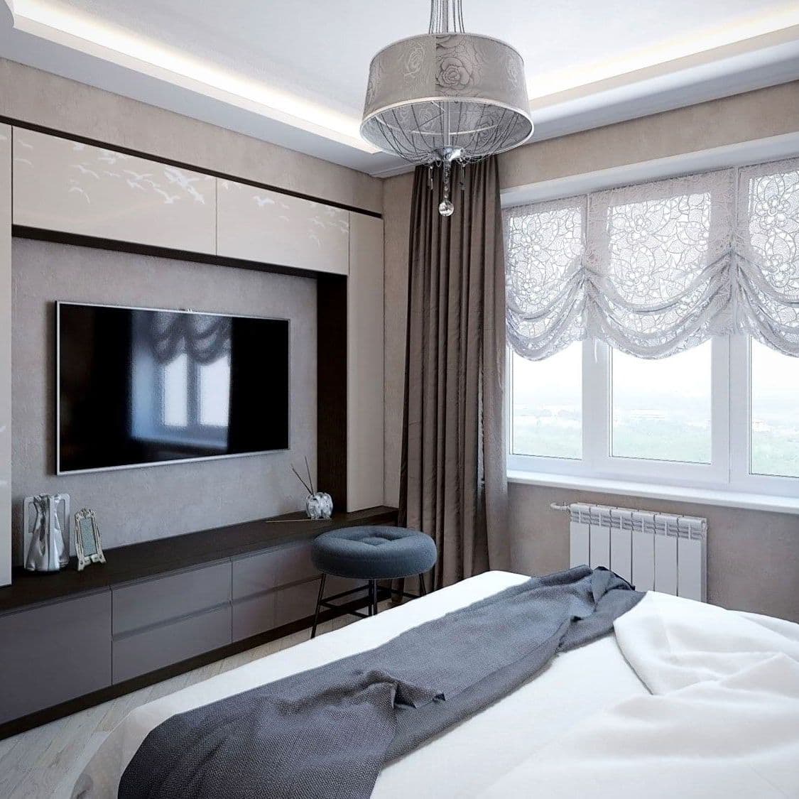 Современный дизайн спальни в сером и бежевом цвете в стиле фьюжн с узором на стене, мягким изголовьем, вид 2