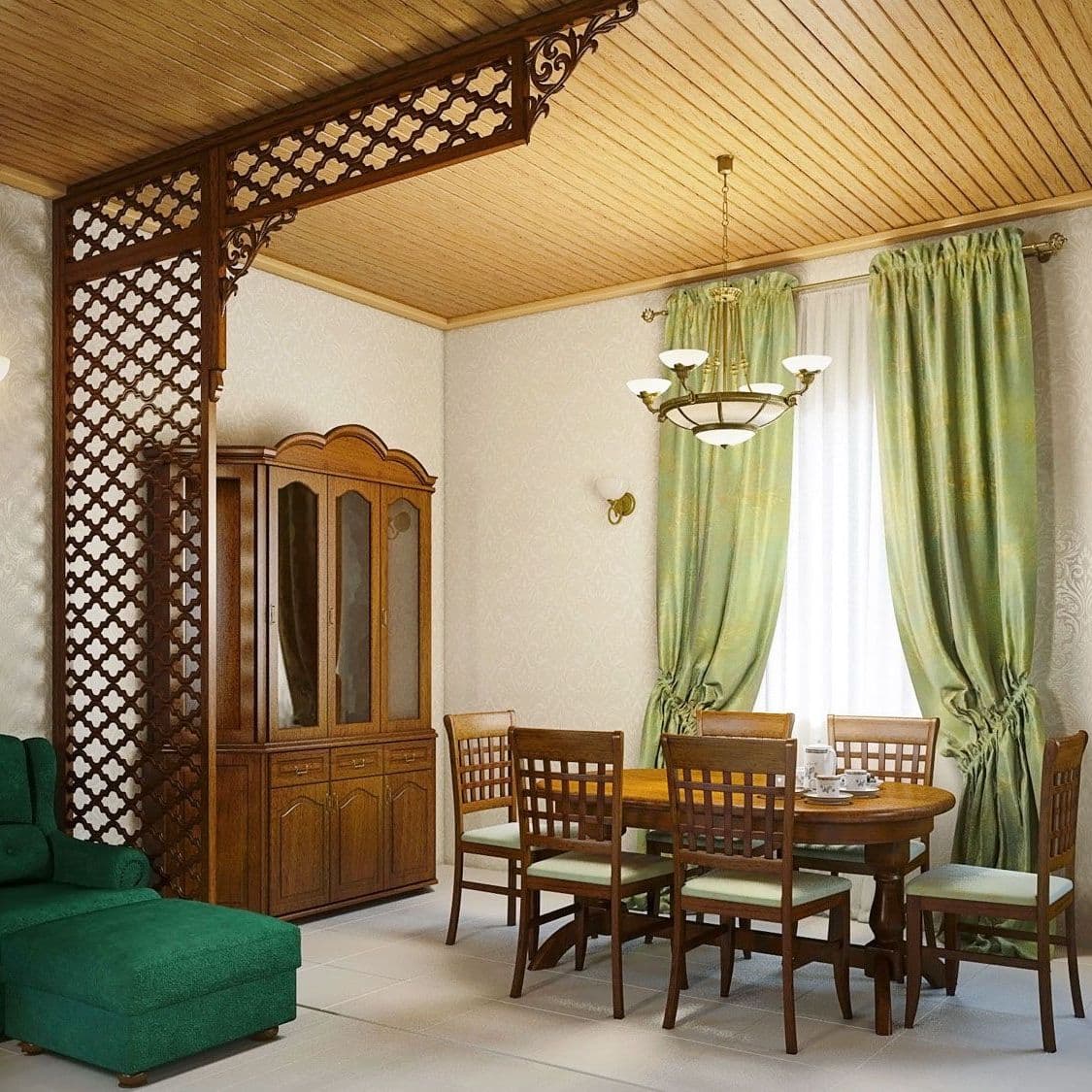Интерьер гостиной дома в классическом русском стиле, с большой столовой, в зеленых тонах, с деревянным потолком, вид 3