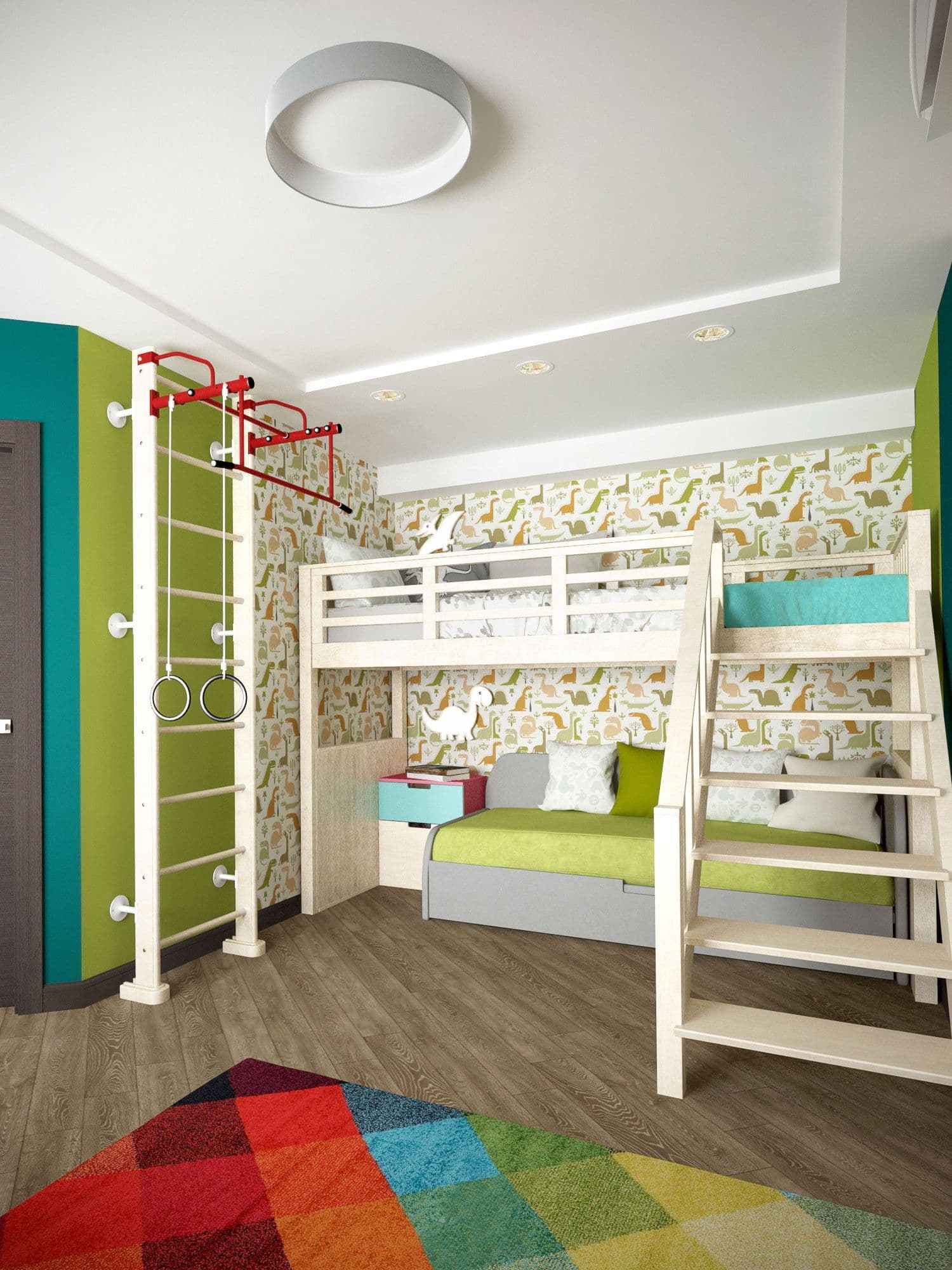Дизайн детской для мальчиков с яркими стенами, с обоями с рисунком, двухъярусной кроватью, диваном, компьютерным столом, картой мира, в современном стиле в зеленых тонах, вид 1 