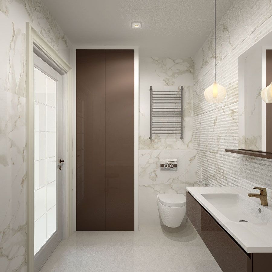 Дизайн ванной в современном стиле со спокойным дизайном, с плиткой под мрамор, калакатта, с рельефной плиткой, с полотенцесушителем над инсталяцией 