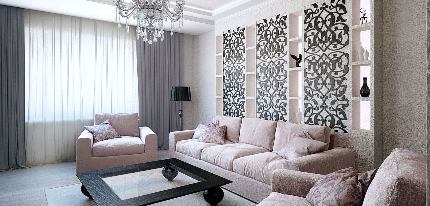 Дизайн гостиной в стиле ардеко, современная классика, в светлых тонах, пудровом цвете, с хрустальной люстрой, розовым диваном