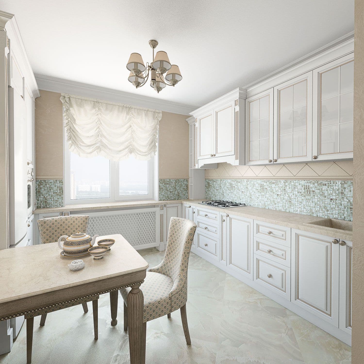 Дизайн кухни в белом цвете с голубыми стенами, фартуком из мозаики, рабочим подоконником, французскими шторами, обеденным столом, вид 1