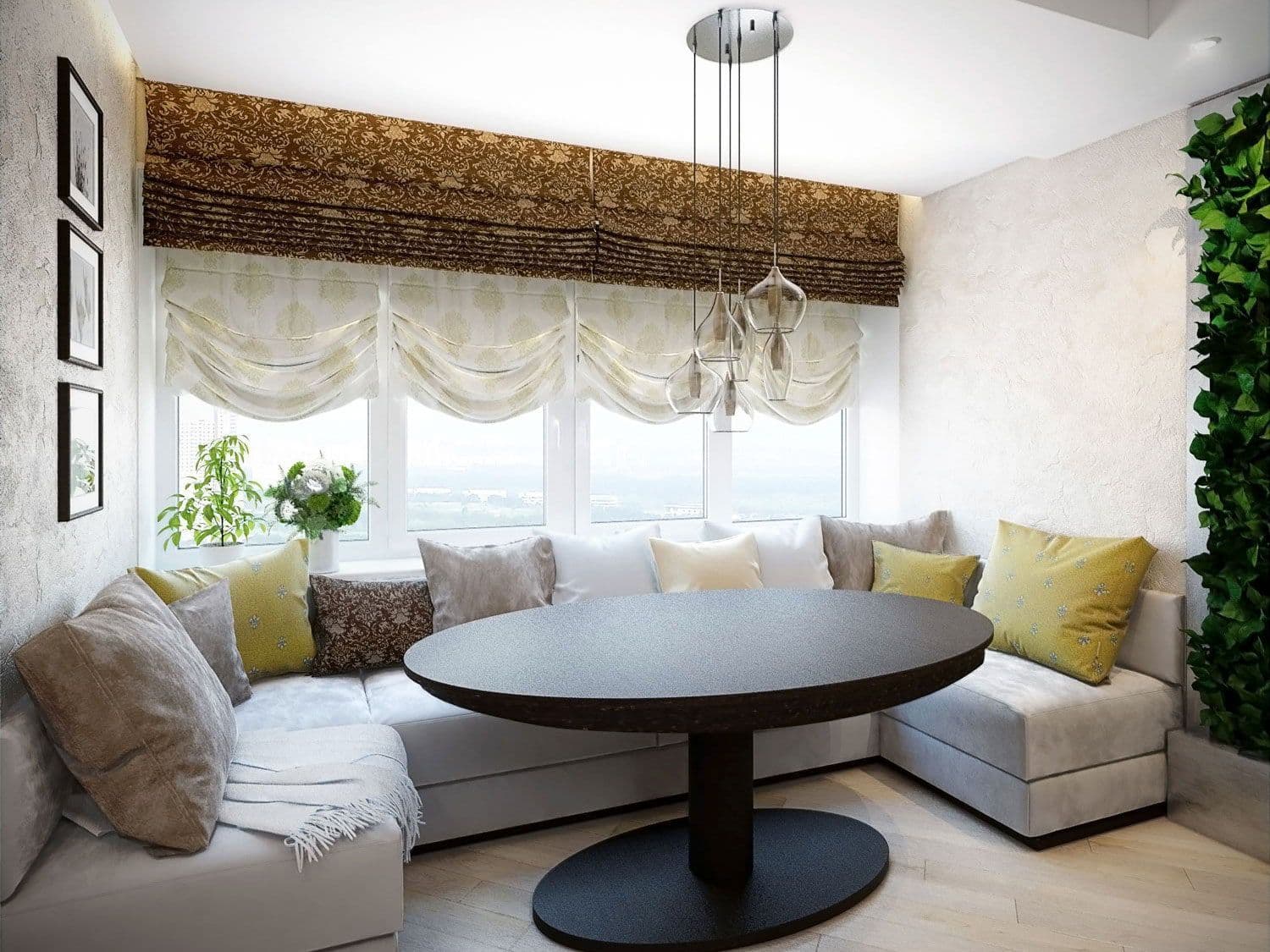 Современный дизайн кухни гостиной в бежевом цвете в стиле фьюжн,  мягкий диван с большим обеденным столом, уютная столовая