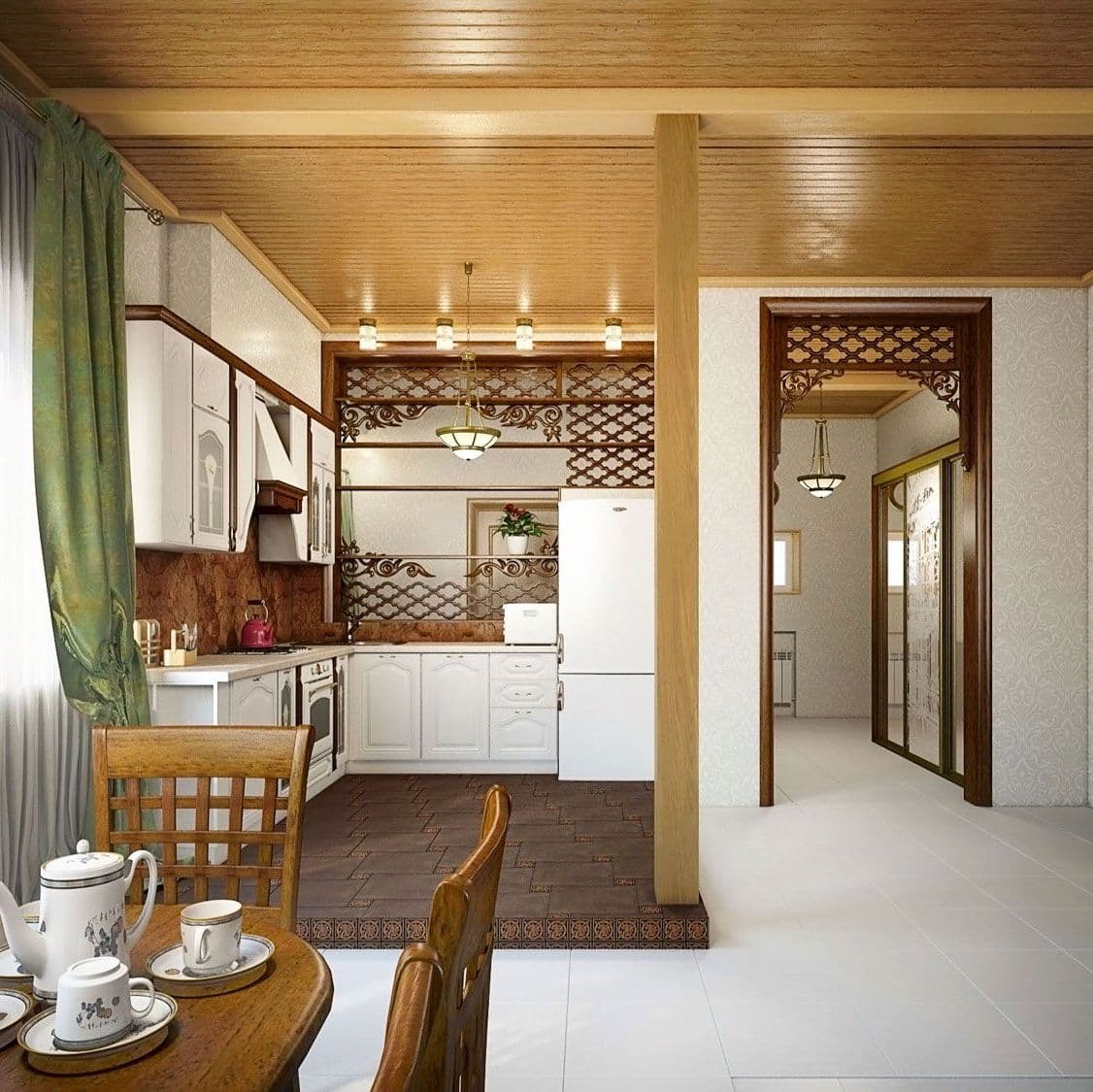 Дизайн белой кухни дома в классическом русском стиле, с деревянным потолком, вид 2