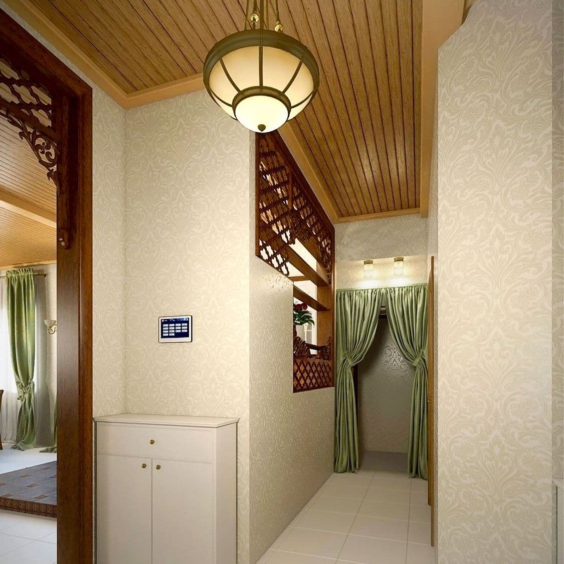 Дизайн прихожей дома в классическом русском стиле, с деревянным потолком