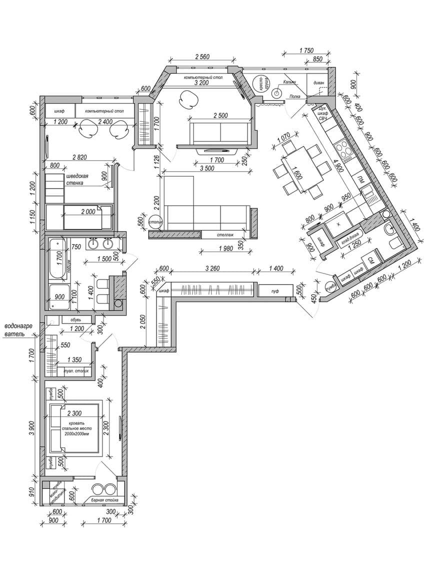 Планировка трехкомнатной квартиры в ЖК Эгоист с тремя спальнями, кухней гостиной, гардеробной и двумя санузлами