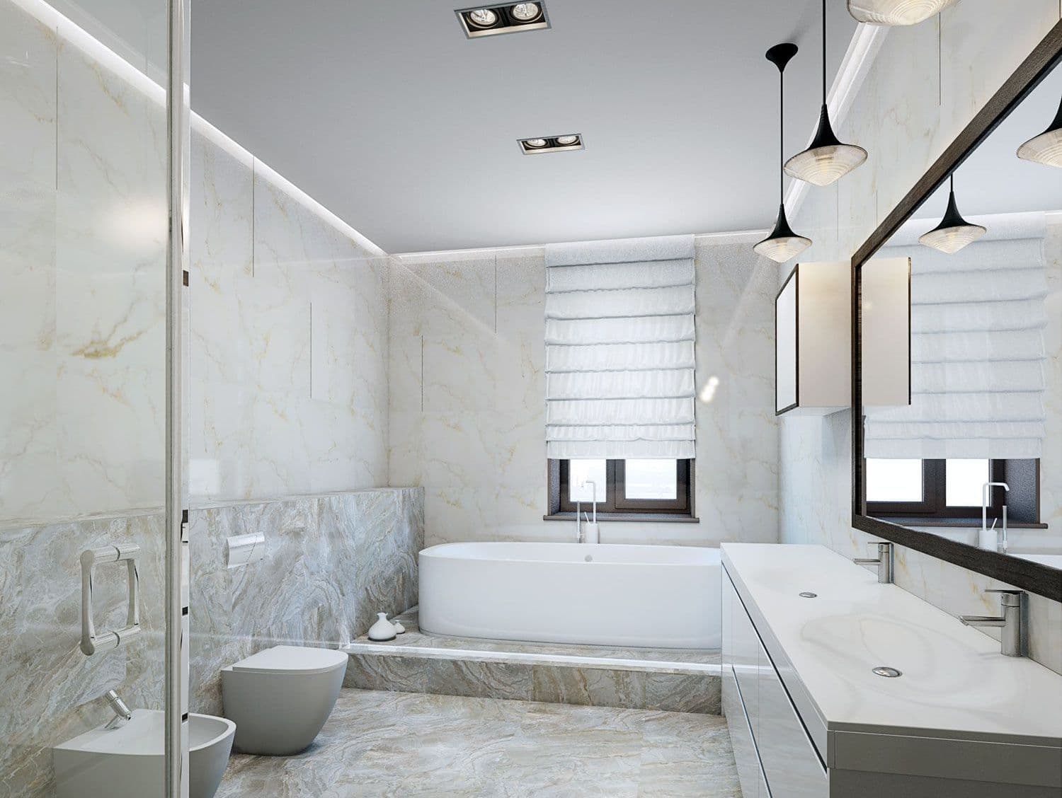 Дизайн ванной комнаты с унитазом, биде, двойной раковиной, белой мебелью, ванной на подиуме, душем со стеклянной перегородкой, плиткой под мрамор, декоративной подсветкой, вид 1