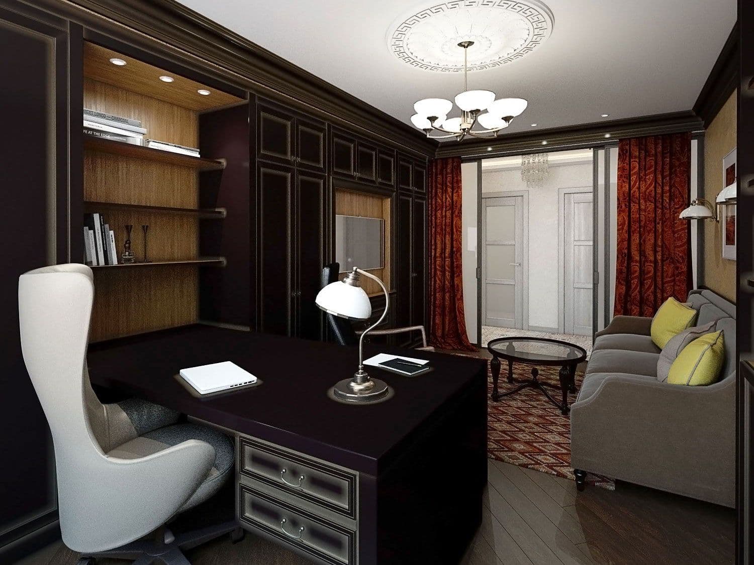 Дизайн кабинета в темном цвете в классическом английском стиле, с креслом качалкой и большим столом, вид 2