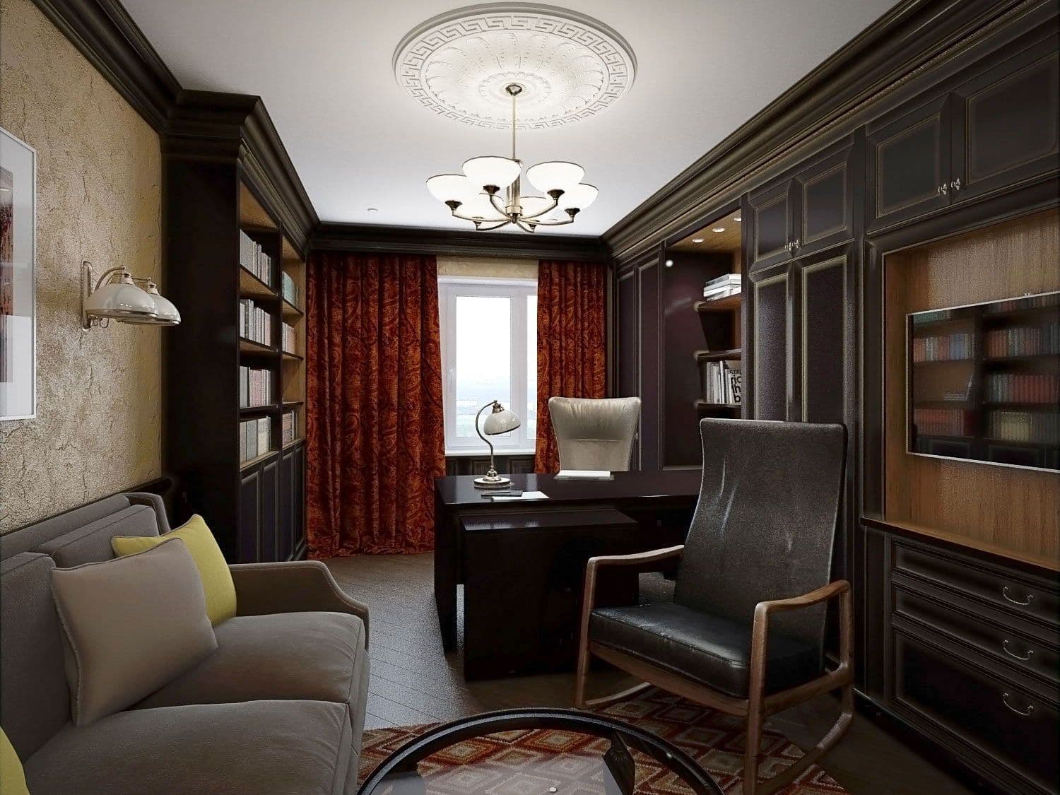 Дизайн кабинета в темном цвете в классическом английском стиле, с креслом качалкой и большим столом, вид 1