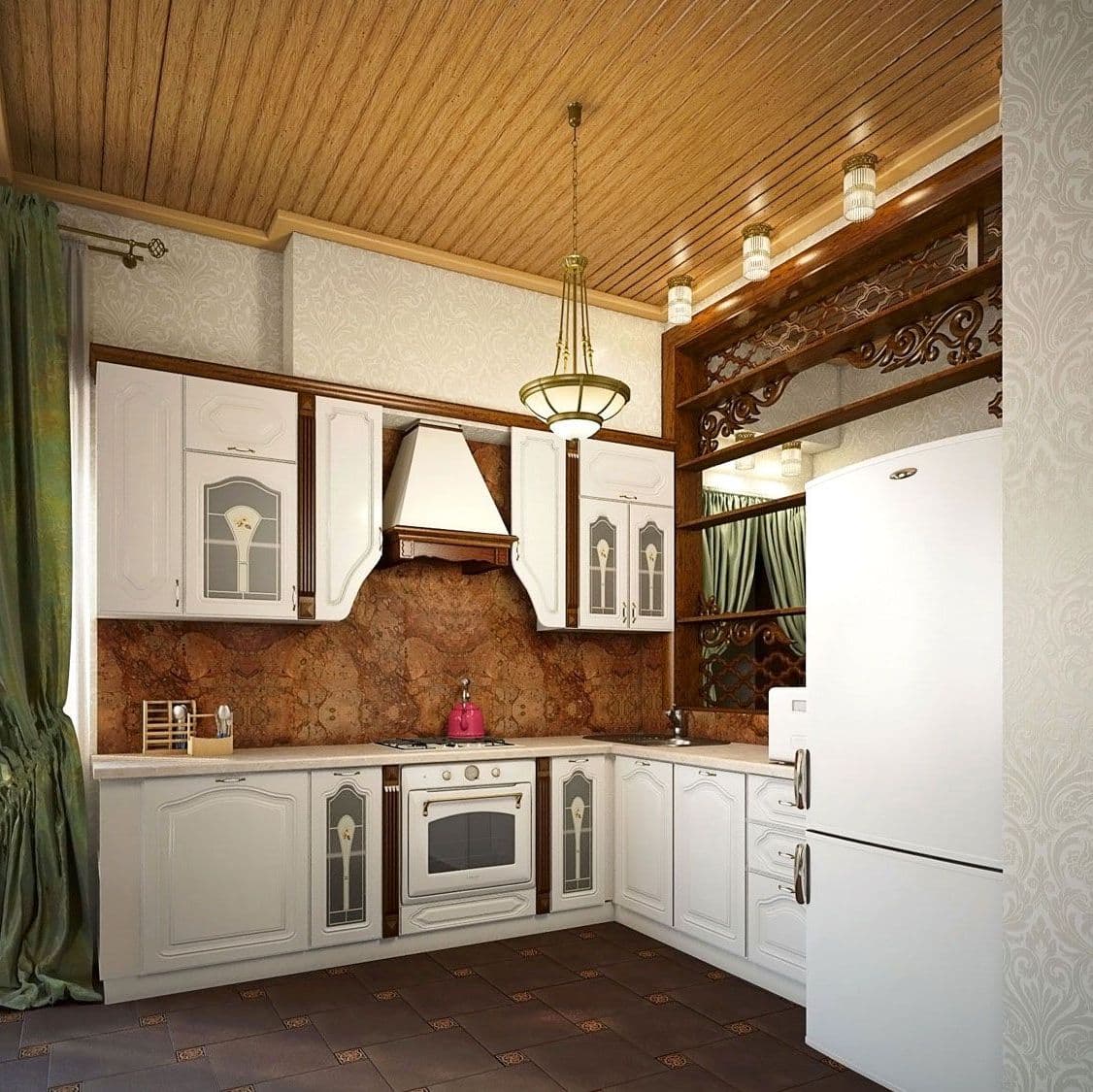 Дизайн белой кухни дома в классическом русском стиле, с деревянным потолком, вид 1