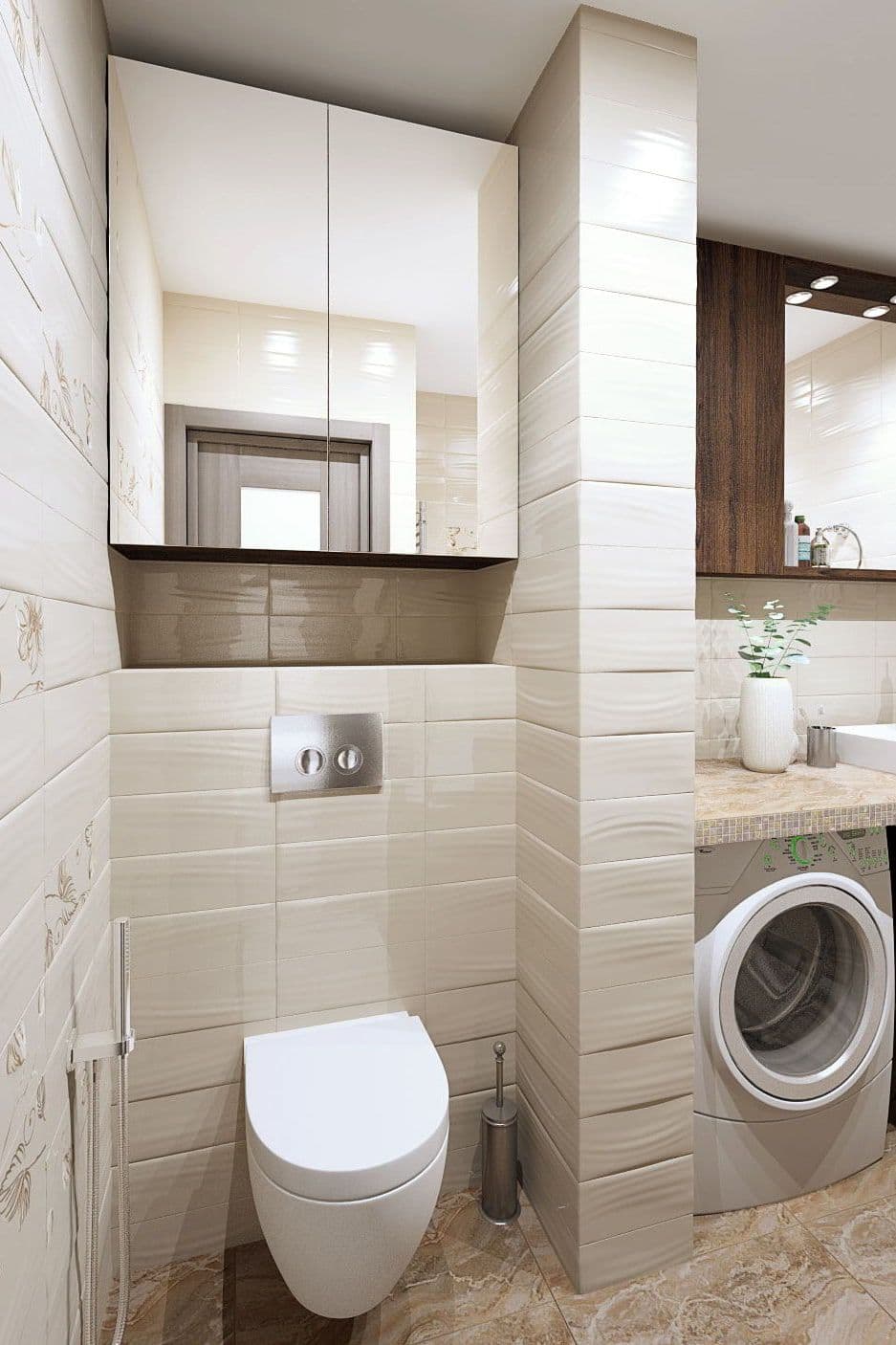 Дизайн интерьера совмещенной ванной комнаты со стиральной машиной, в бежевом цвете с вставками из мозаики и рельефной плиткой 