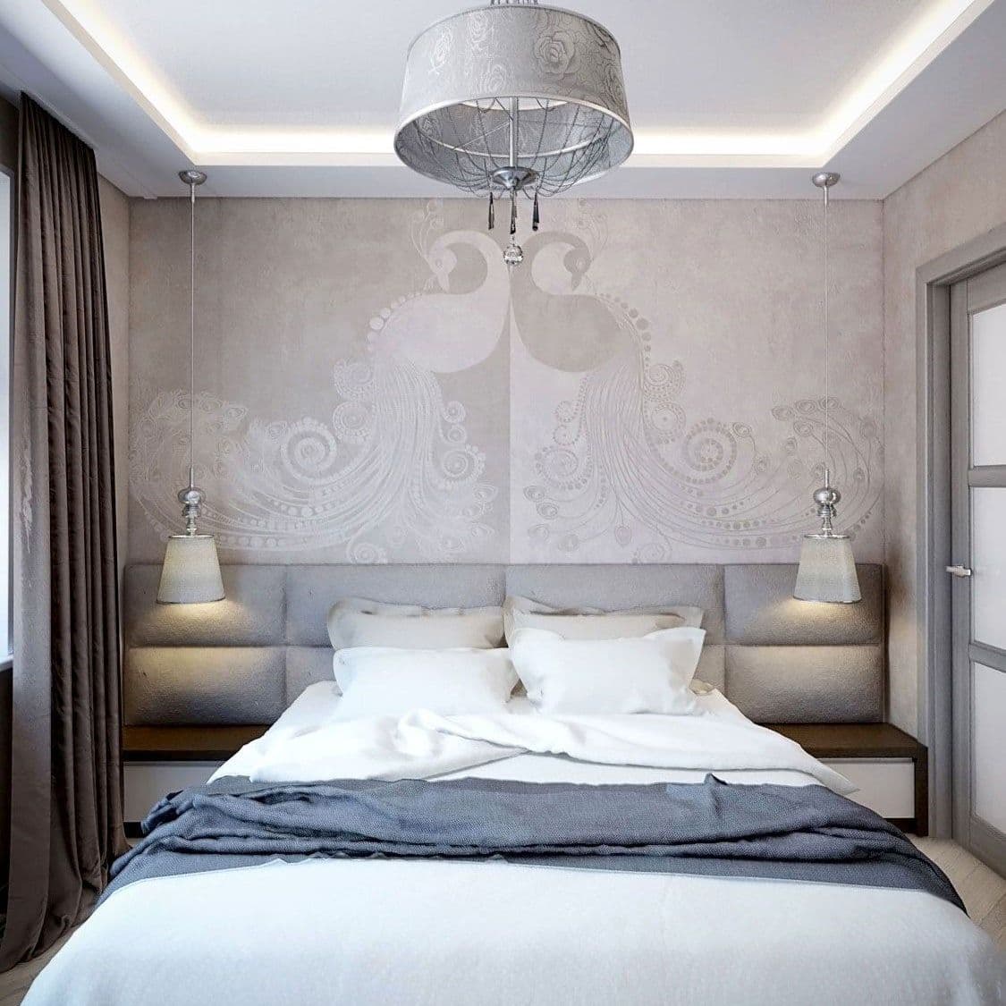 Современный дизайн спальни в сером и бежевом цвете в стиле фьюжн с узором на стене, мягким изголовьем, вид 1