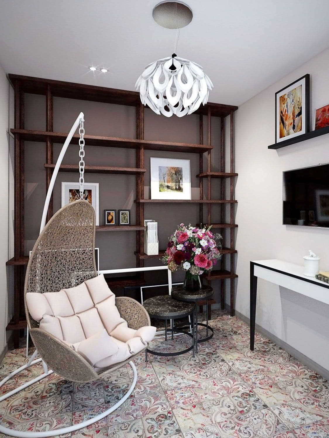 Современный дизайн кабинета в бежевом и пудровом цвете в стиле фьюжн, с подвесным креслом в интерьере