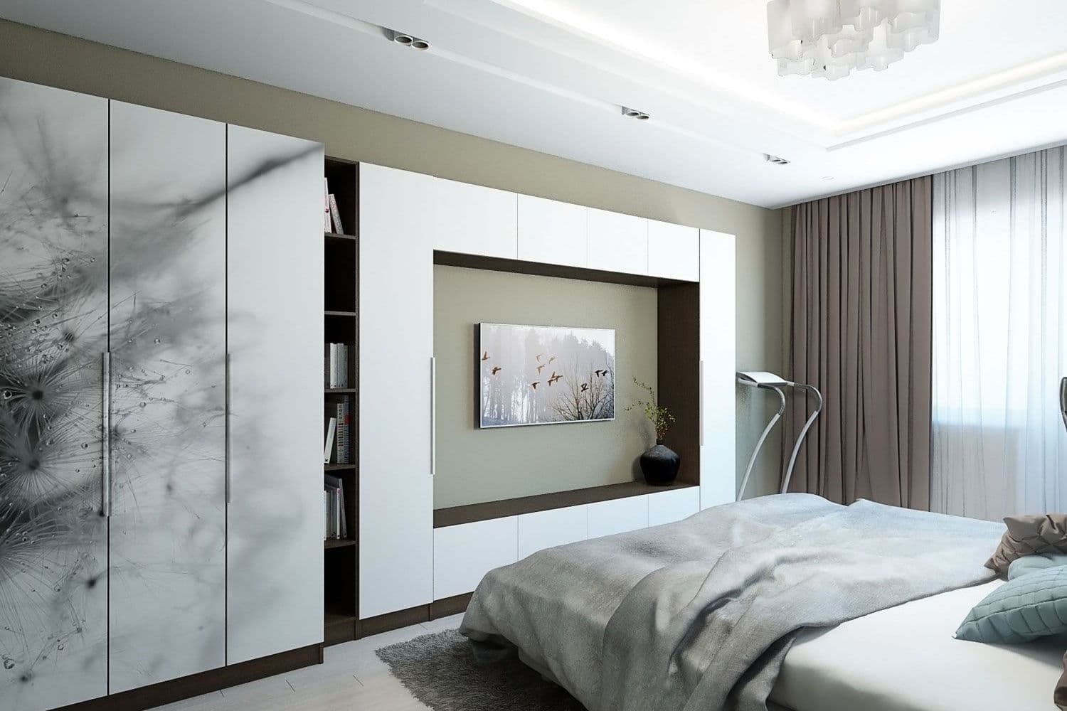 Современный дизайн спальни в голубых и оливковых тонах, шкаф с фотопечатью, в стиле контемпорари