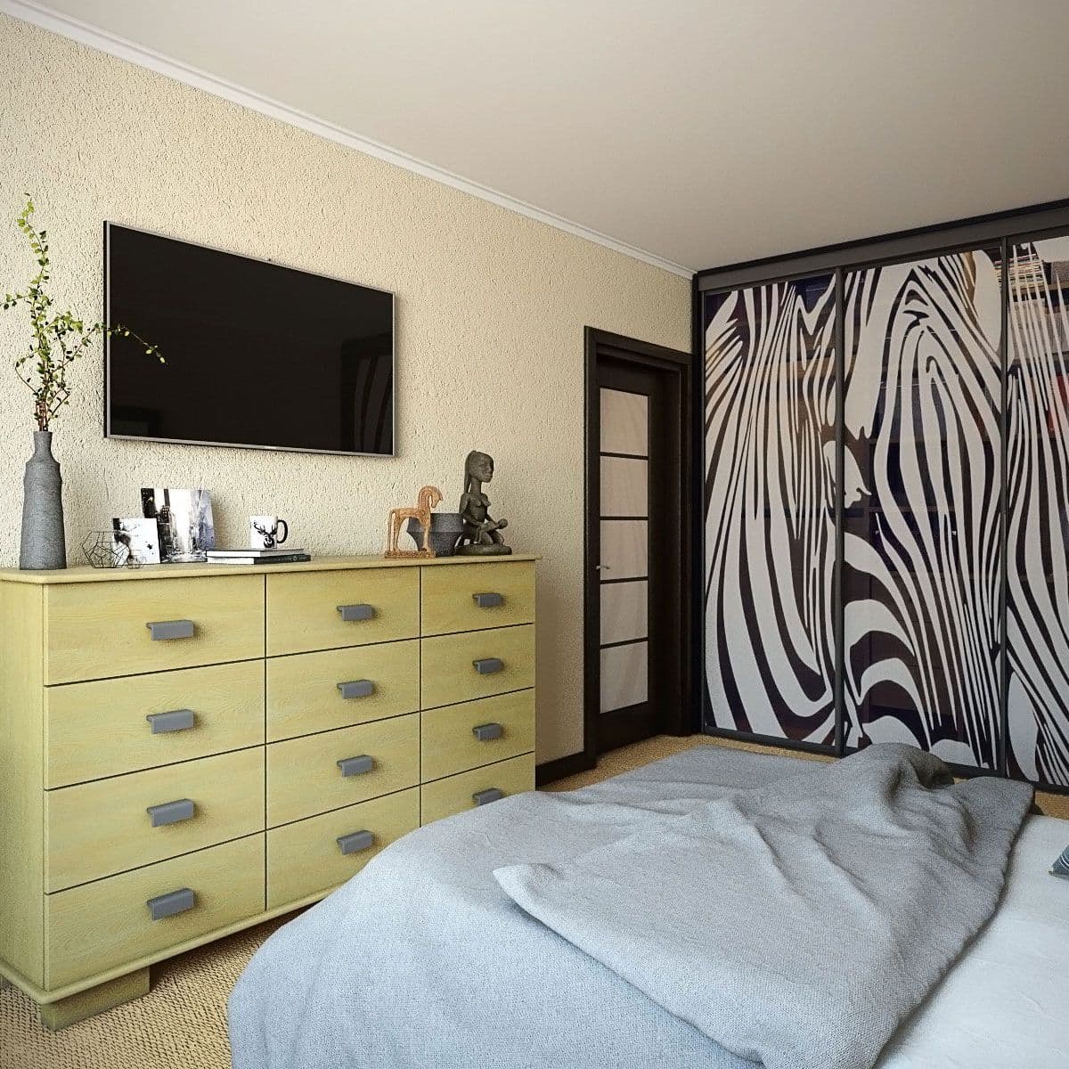 Современный интерьер спальни в бежевом цвете с большим комодом, шкафом-купе, декоративной штукатуркой и ковролином