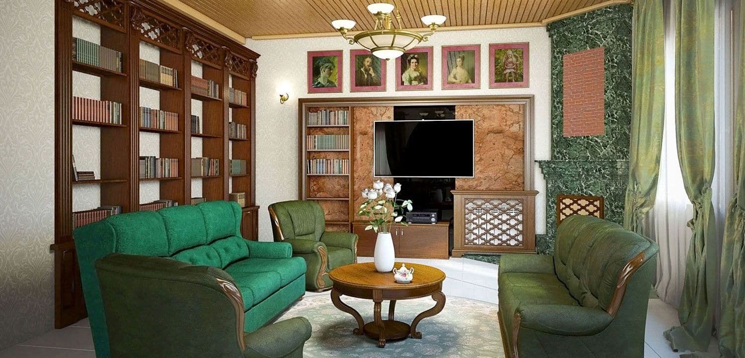 Интерьер гостиной дома в классическом русском стиле с камином, большим книжным шкафом, в зеленых тонах, с деревянным потолком, вид 1