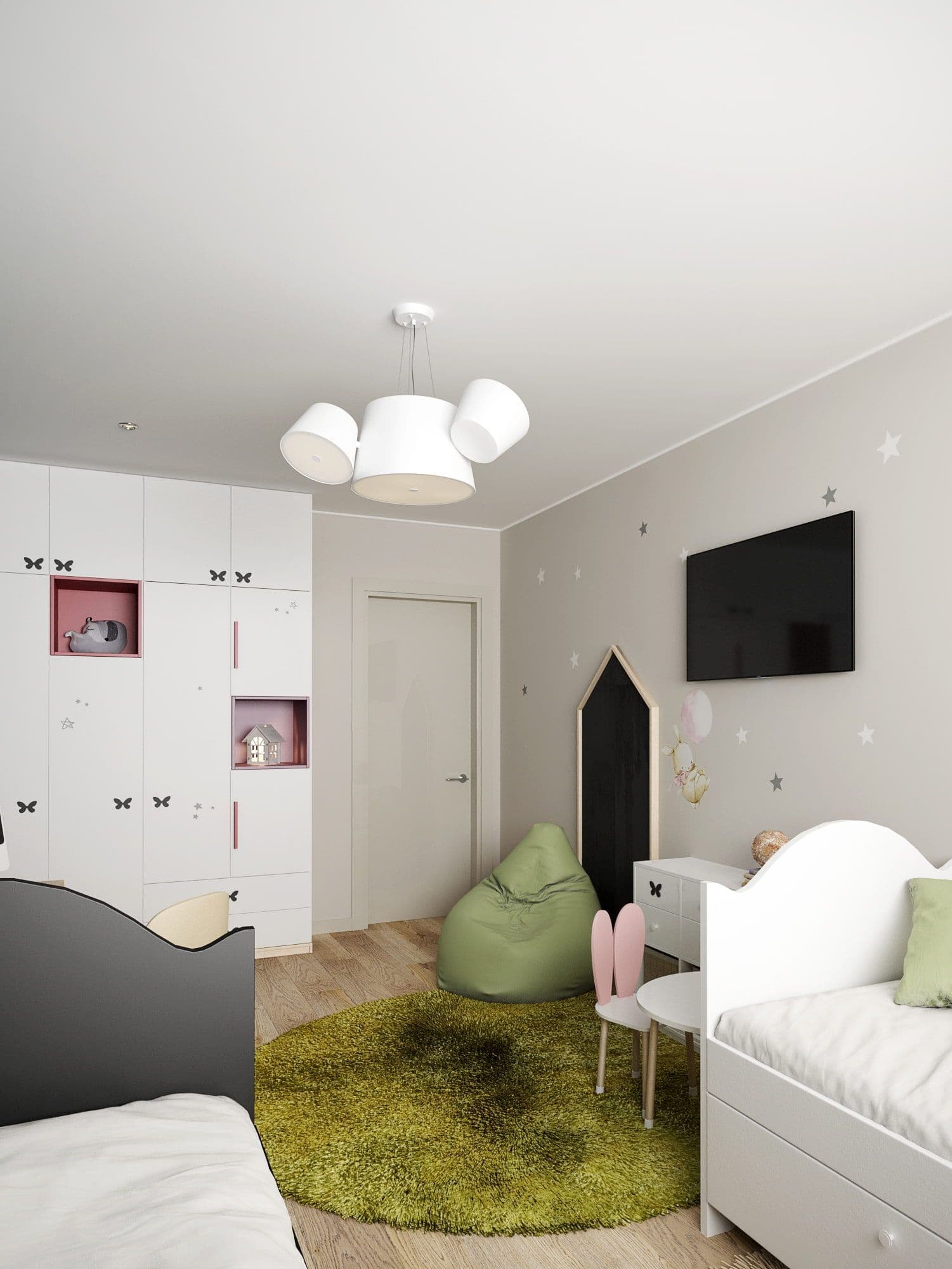 Дизайн деткой комнаты для двух девочек в современном скандинавском стиле, сканди, с белой мебелью, игровой зоной, росписью на стенах,  яркими акцентами, вид 2