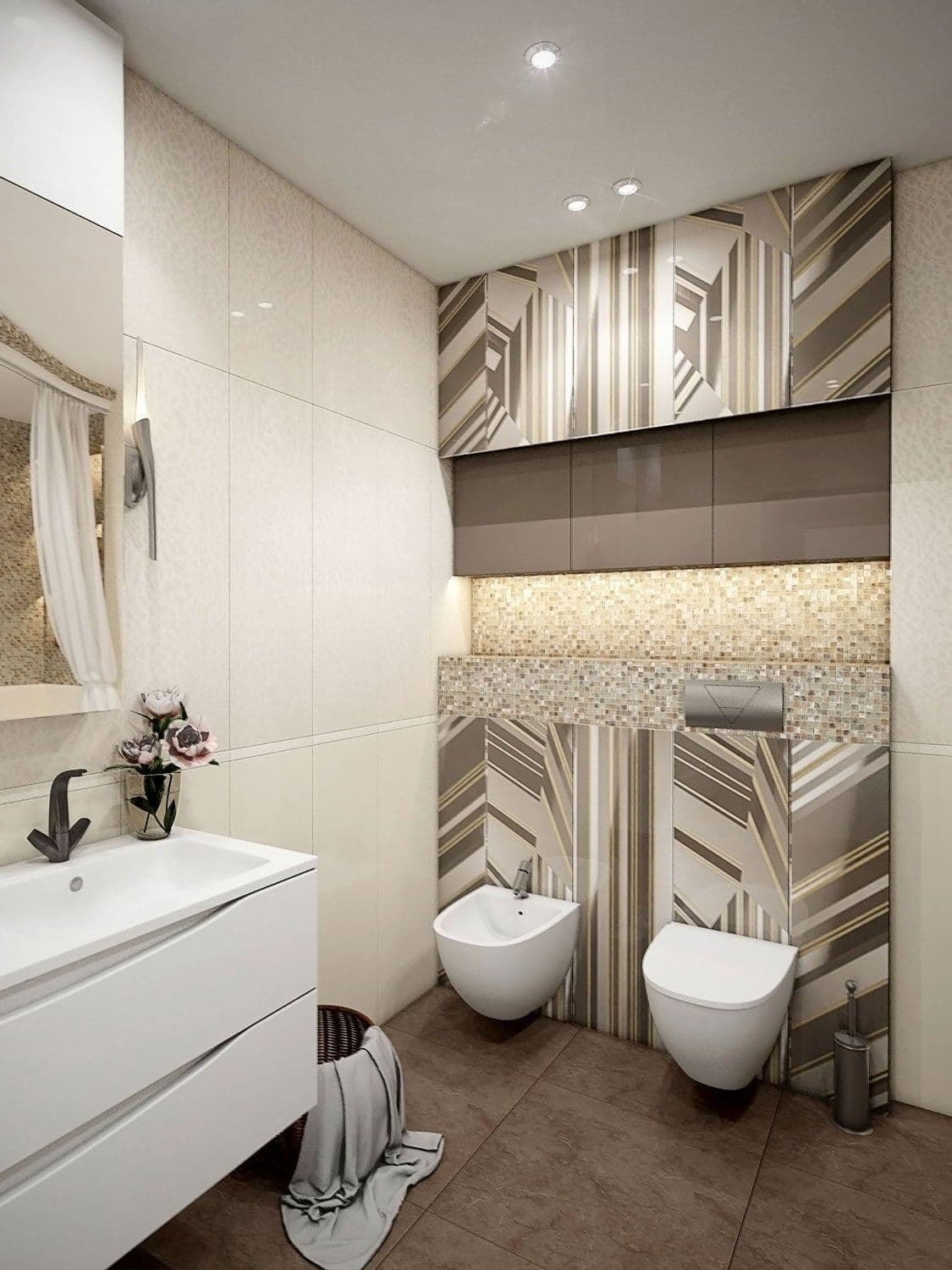 Дизайн большой ванной с туалетом и биде в бежевом цвете с вставками из мозаики