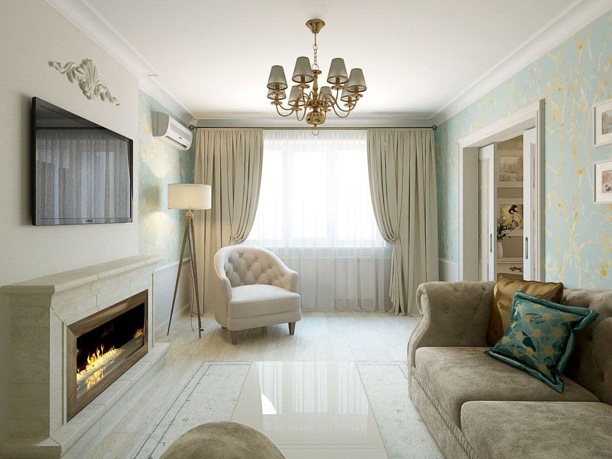 Дизайн гостиной в современном классическом стиле, в светлых тонах, с обоями с рисунком, декоративными панелями, белой мебелью, камином, вид 2