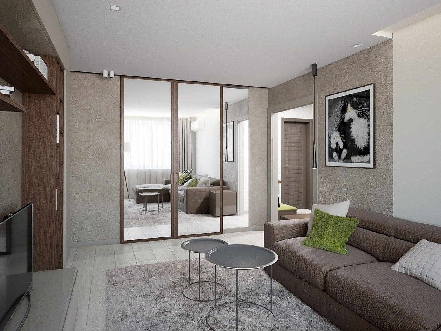 Дизайн современной гостиной с простым дизайном, декоративной штукатуркой, угловым диваном, шкафом купе, зеркальными дверями, в спокойных тонах, вид 3