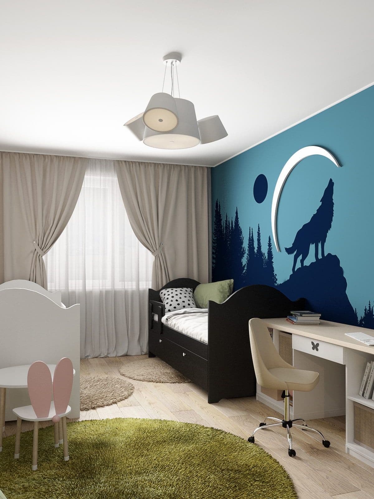 Дизайн деткой комнаты для двух девочек в современном скандинавском стиле, сканди, с белой мебелью, игровой зоной, росписью на стенах,  яркими акцентами, вид 1