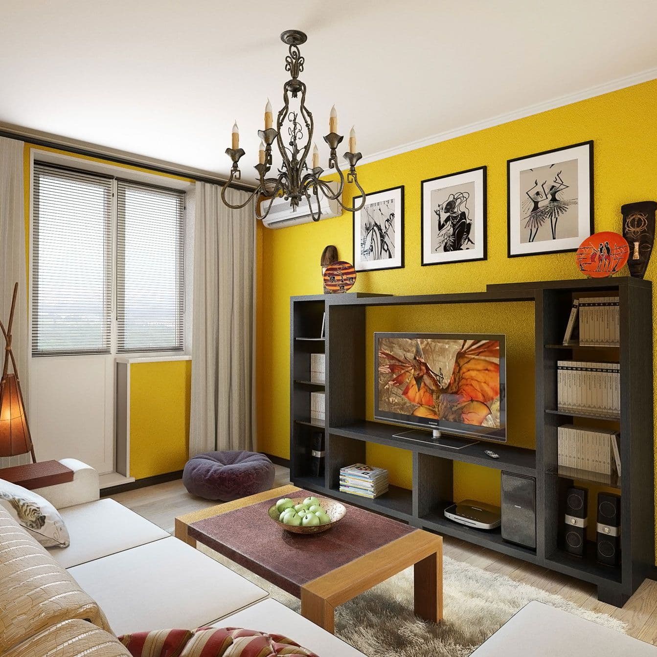 Современный интерьер гостиной с мебелью цвета венге, яркими стенами и декоративной штукатуркой