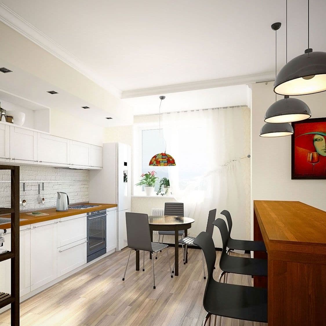 Дизайн интерьера однокомнатной квартиры в скандинавском стиле с яркими акцентами, белой кухней, круглым столом и барной стойкой