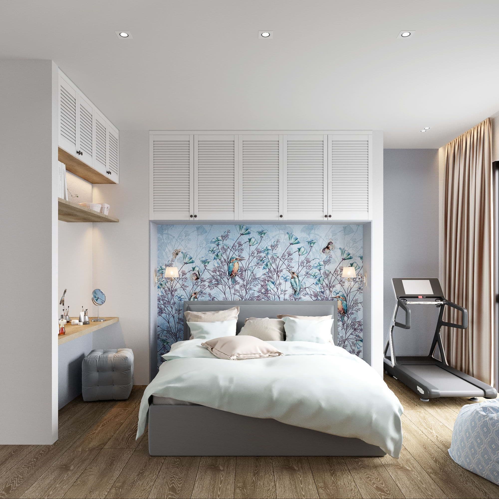 Дизайн спальни в современном стиле с белой кроватью, мягким изголовьем, декоративной штукатуркой, в светлых теплых бежевых тонах, вид 1