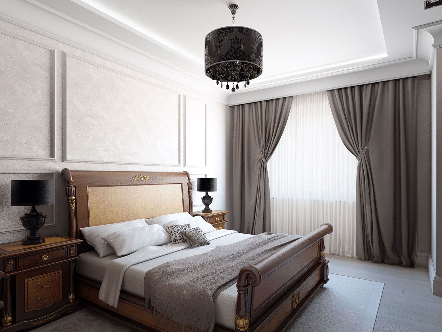 Дизайн спальни в светлых тонах с мебелью из малайзии, декоративной штукатуркой, молдингами, в современном классическом стиле, вид 1