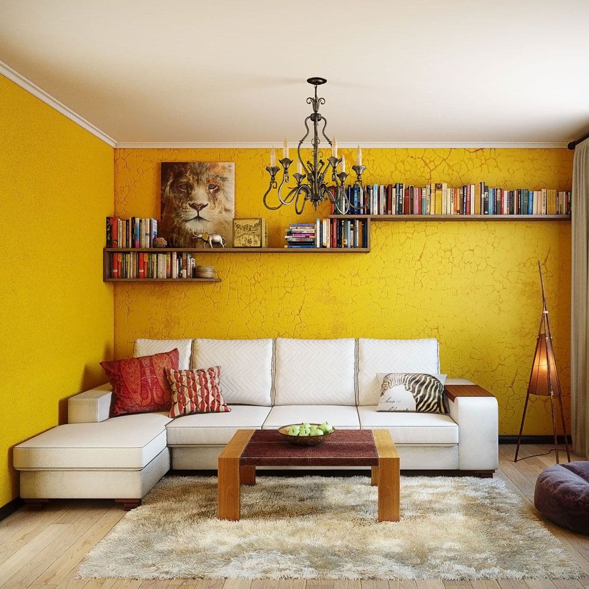 Современный интерьер гостиной с белым диваном, яркими стенами и декоративной штукатуркой