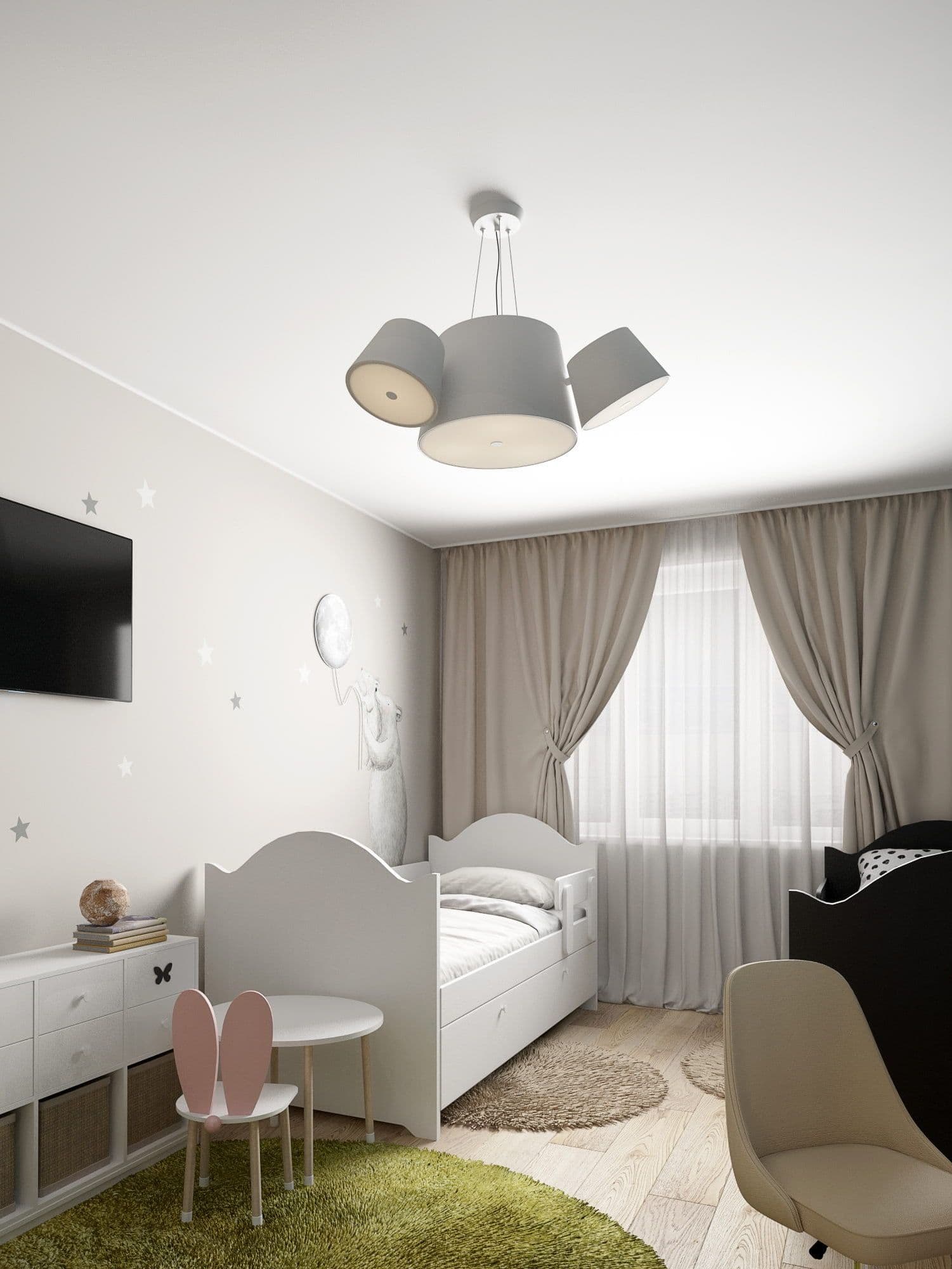 Дизайн деткой комнаты для двух девочек в современном скандинавском стиле, сканди, с белой мебелью, игровой зоной, росписью на стенах,  яркими акцентами, вид 3