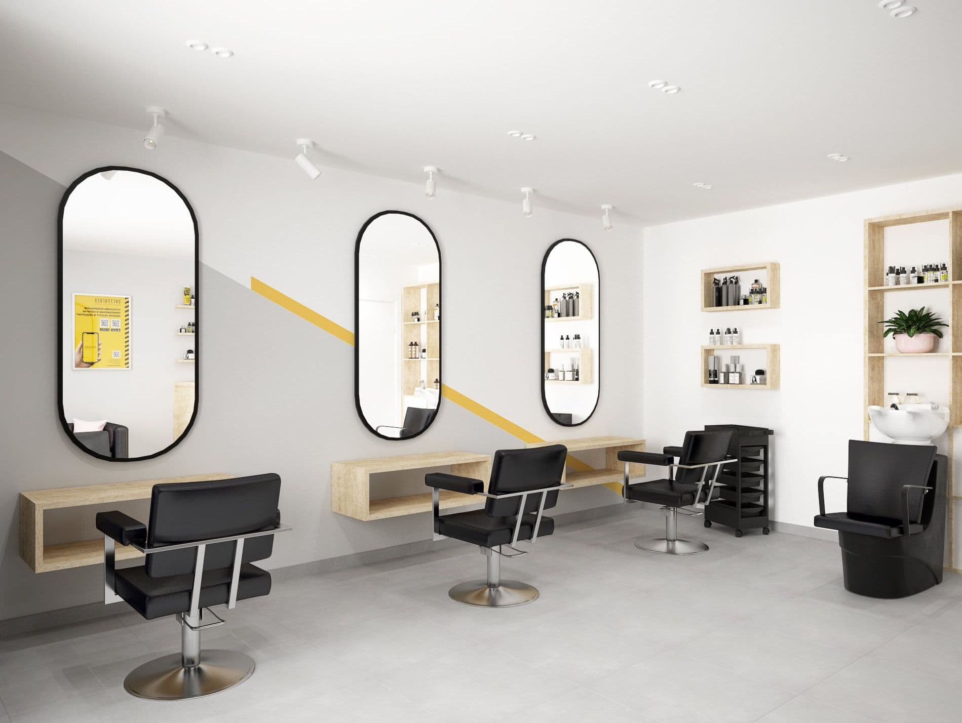 Дизайн интерьера франшизы салона красоты, парикмахерской в скандинавском стиле, в светлых тонах с недорогим ремонтом, в небольшом помещении на 3 рабочих места