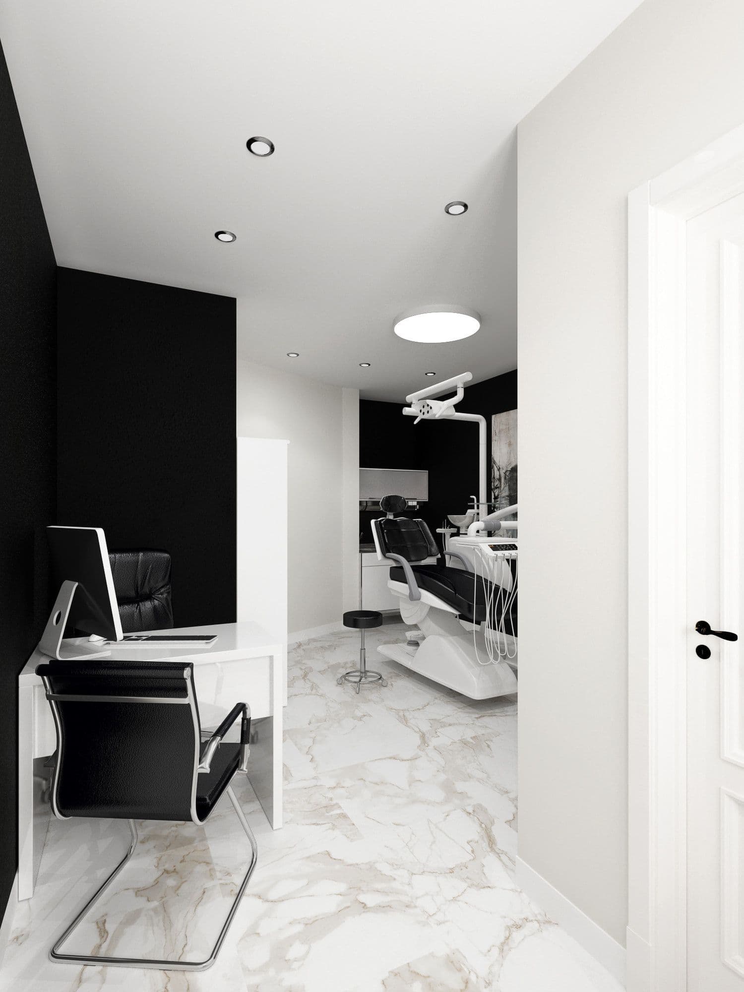 Строгий современный дизайн стоматологии, кабинета, в черно белом цвете с мраморным полом, вид 3