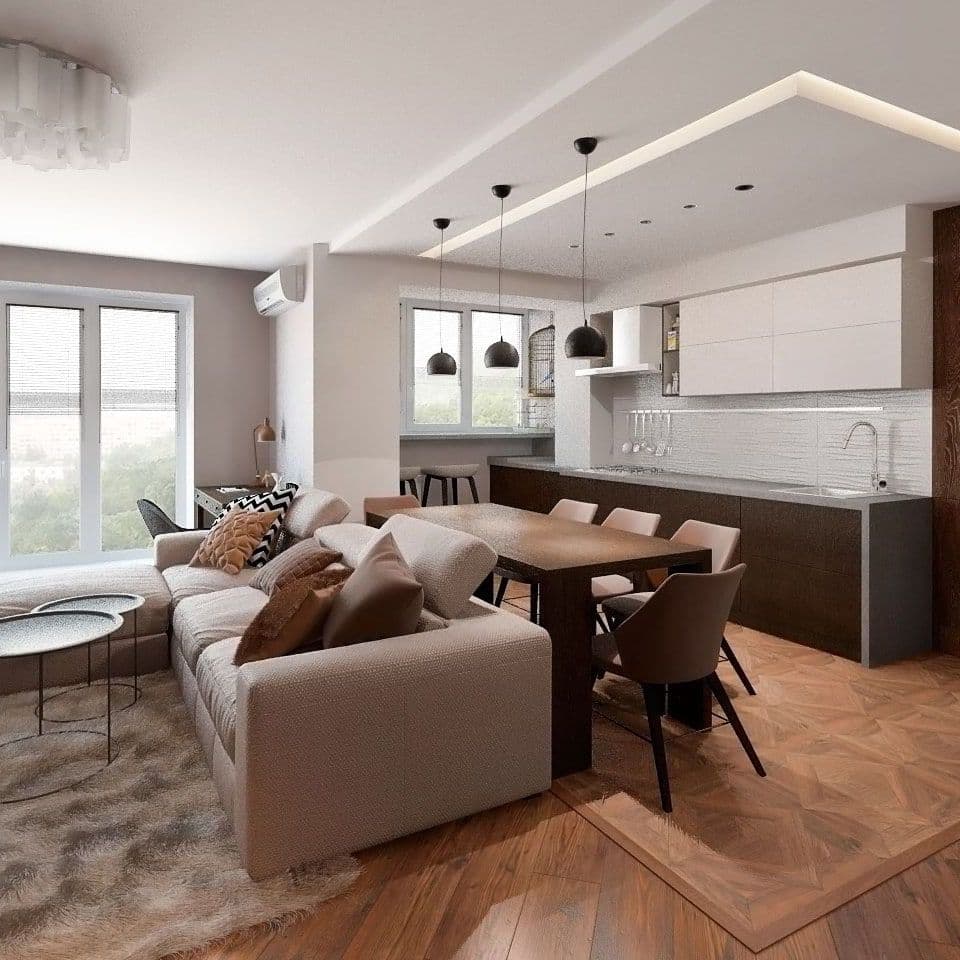 Дизайн интерьера кухни гостиной с угловым диваном, обеденным столом в современном стиле в коричнево бежевых оттенках, с панорамными окнами