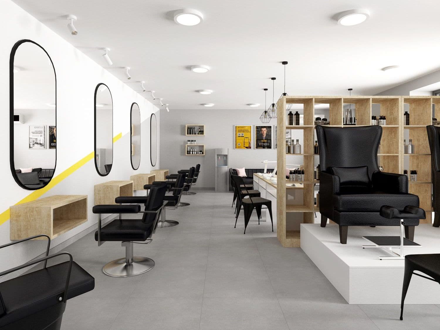 Дизайн интерьера франшизы салона красоты, парикмахерской в скандинавском стиле, в светлых тонах с недорогим ремонтом, вид педикюрные кресла