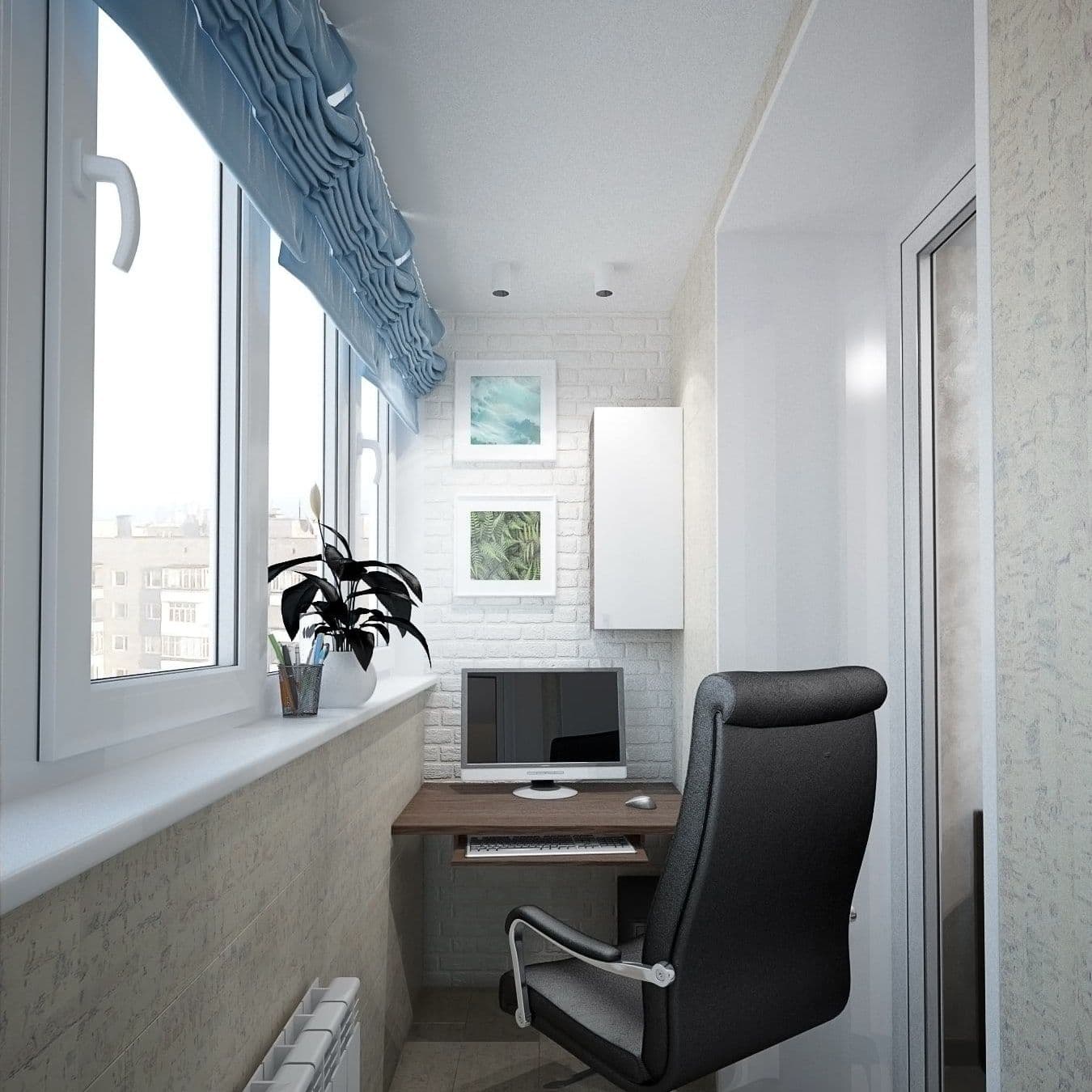 Дизайн кабинета на лоджии с декоративным белым кирпичом, римскими шторами, отделкой из дерева на стене