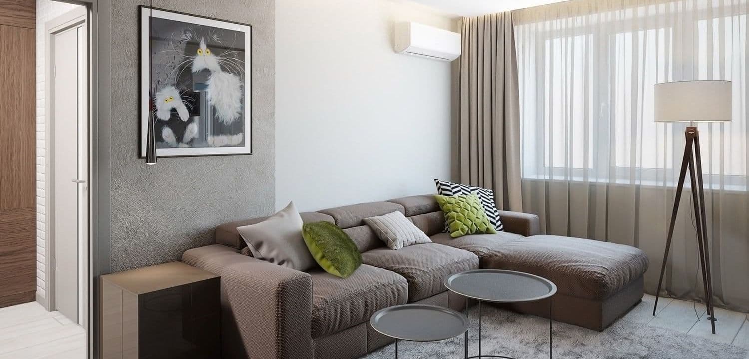 Дизайн современной гостиной с простым дизайном, декоративной штукатуркой, угловым диваном, в спокойных тонах, вид 1
