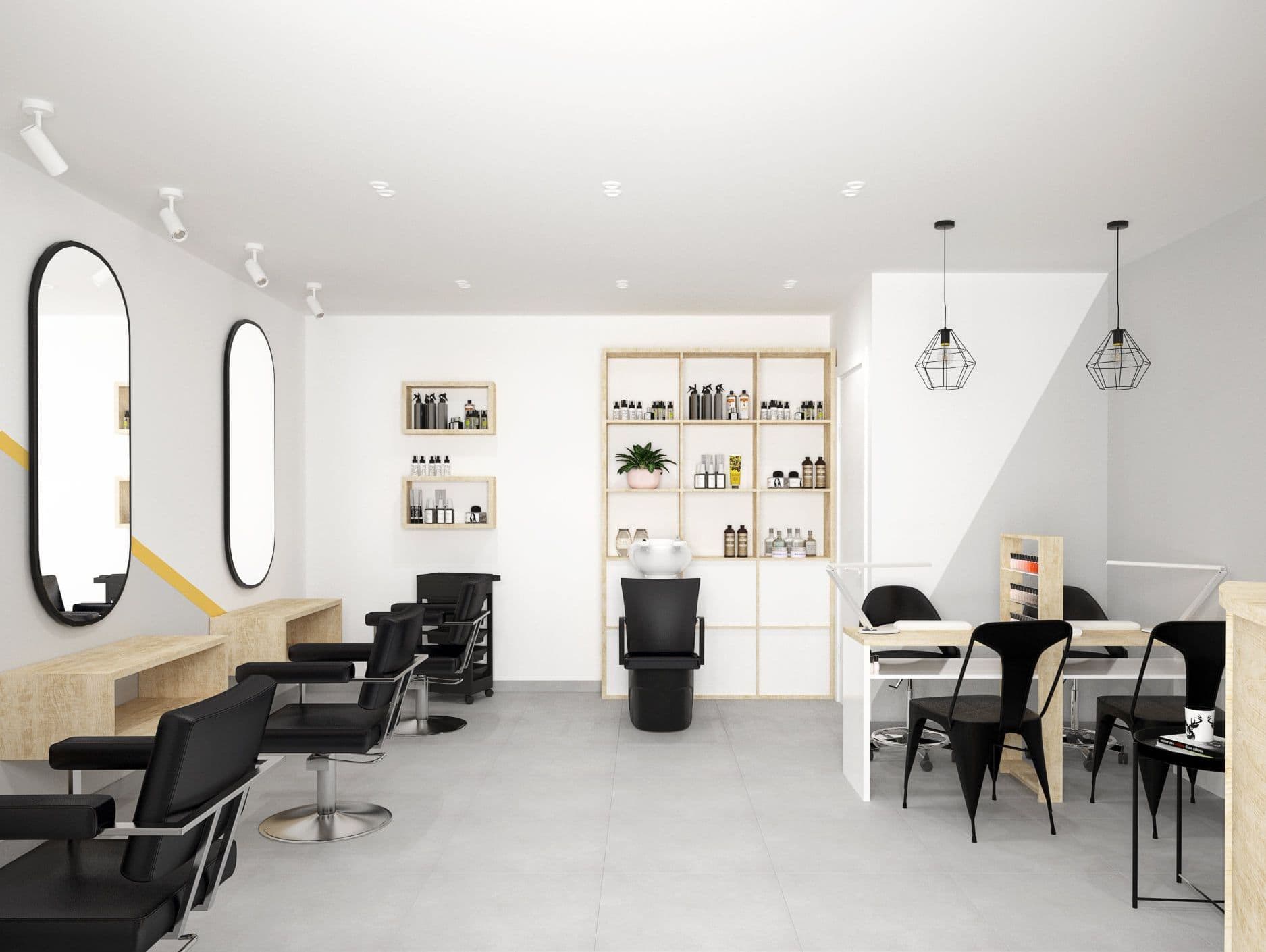 Дизайн интерьера франшизы салона красоты, парикмахерской в скандинавском стиле, в светлых тонах с недорогим ремонтом, с маникюрными столами
