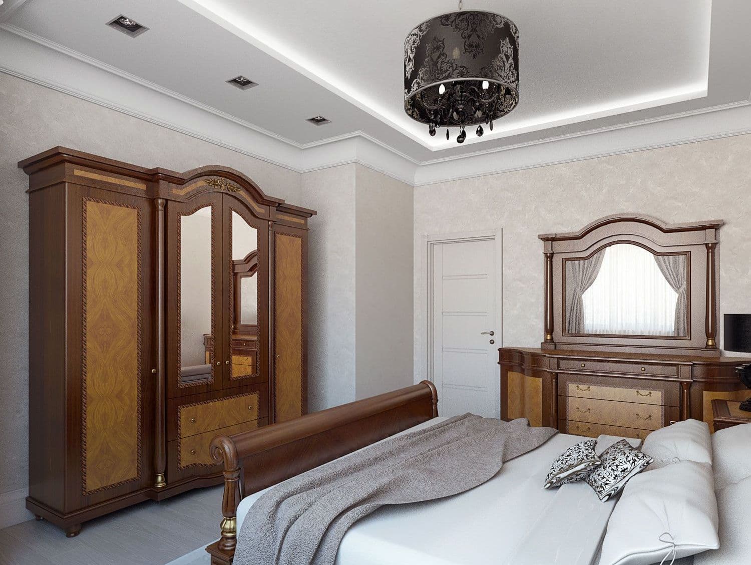 Дизайн спальни в светлых тонах с мебелью из малайзии, декоративной штукатуркой, молдингами, в современном классическом стиле, вид 2